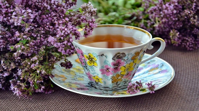 teacup and saucer containing herbal tea
